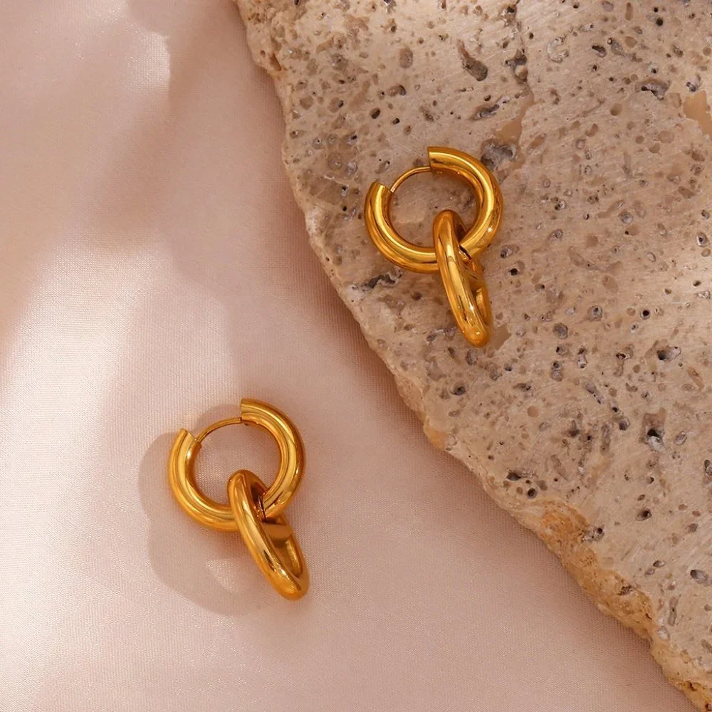Link Chain Pig Nose Mariner Anchor Earrings 18K Gold Plated Stainless Steel - Picture 6 of 8